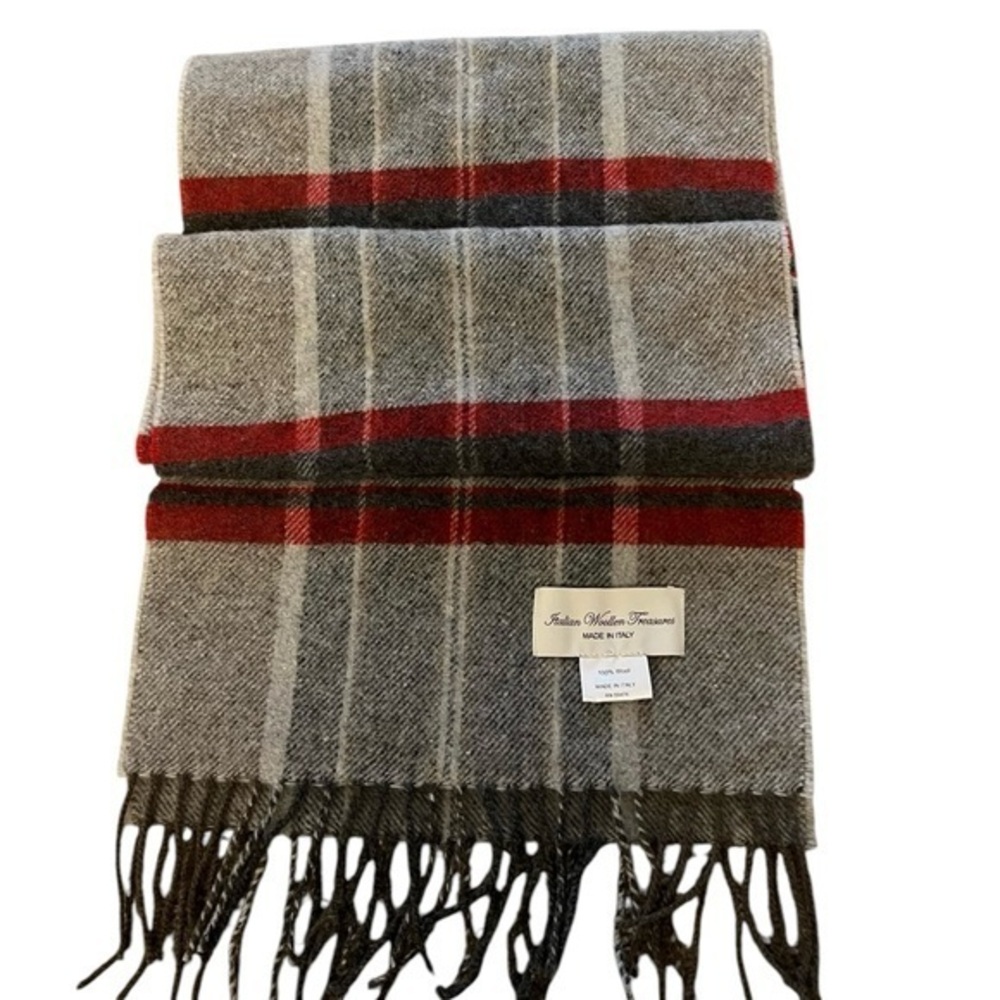 ITALIAN WOOLLEN TREASURES wool scarf, red & gray plaid with fringe, Italy